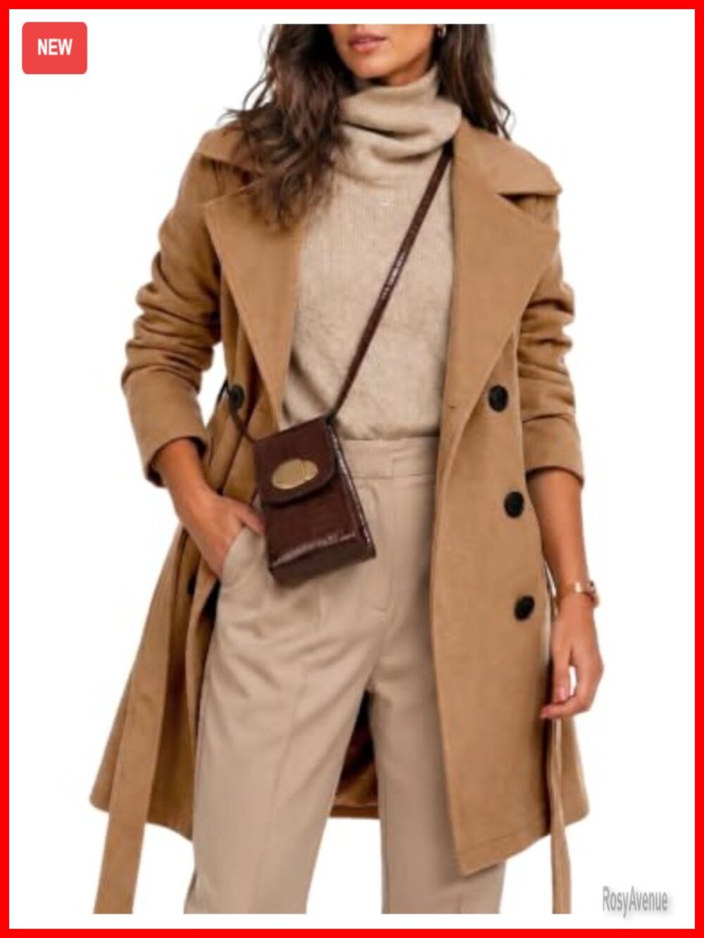 Womens Wool Blend Double Breasted Midi Trench Coat with Belt